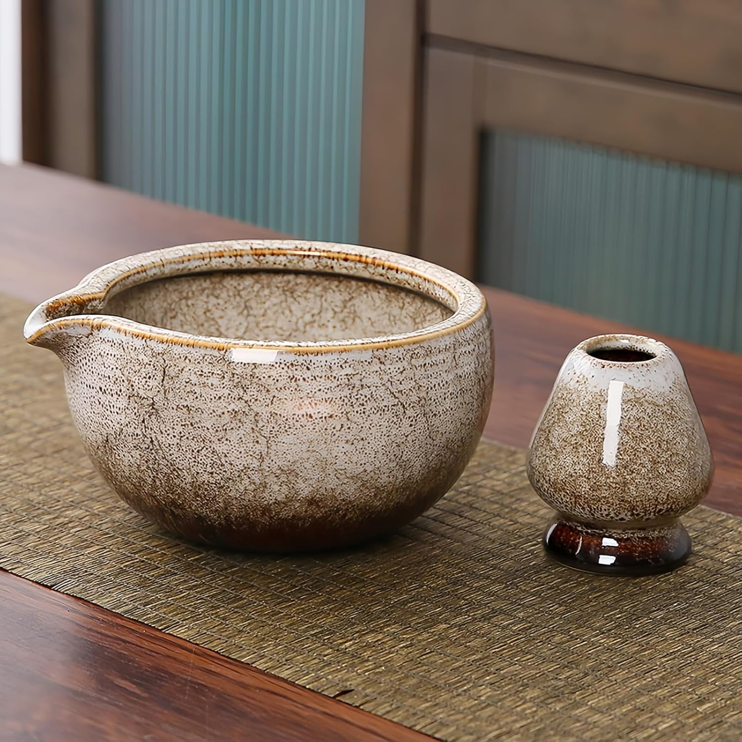 Matcha Whisk Set Matcha Tea Bowl Sets 7Pcs Matcha Tea Bowl Matcha Whisk Matcha Scoop Whisk Holder Scoop Holder Sifter Tea Cloth, Traditional Tea Ceremony Japanese Matcha Tea Kit Kiln White image number 1