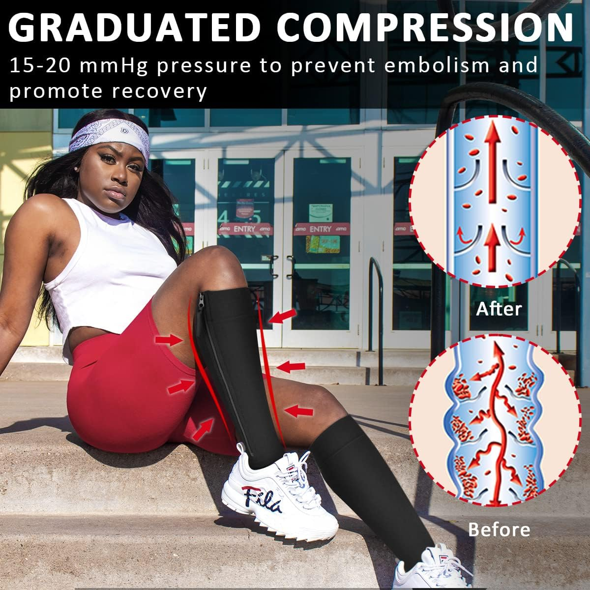 Ailaka Medical Compression Socks with Zipper, Knee High 15-20 Mmhg Compression Socks for Women Men, Open Toe Support Socks for Varicose Veins, Edema, Recovery, Pregnant, Nurse image number 2