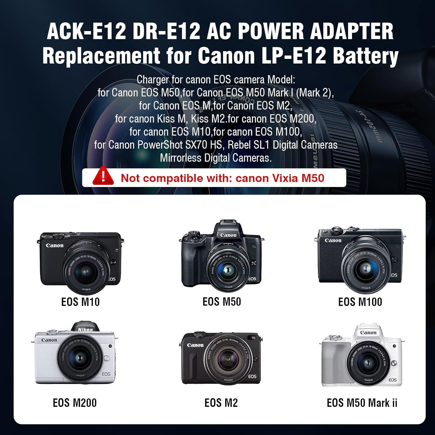 F1TP ACK-E12 AC Power Supply Adapter DR-E12 DC Coupler Kit (Replace Canon LP-E12 Battery) for Canon EOS M50 Mark II, EOS M M2 M10 M50 M100 M200, Kiss M, Kiss M2 Cameras. image number 3