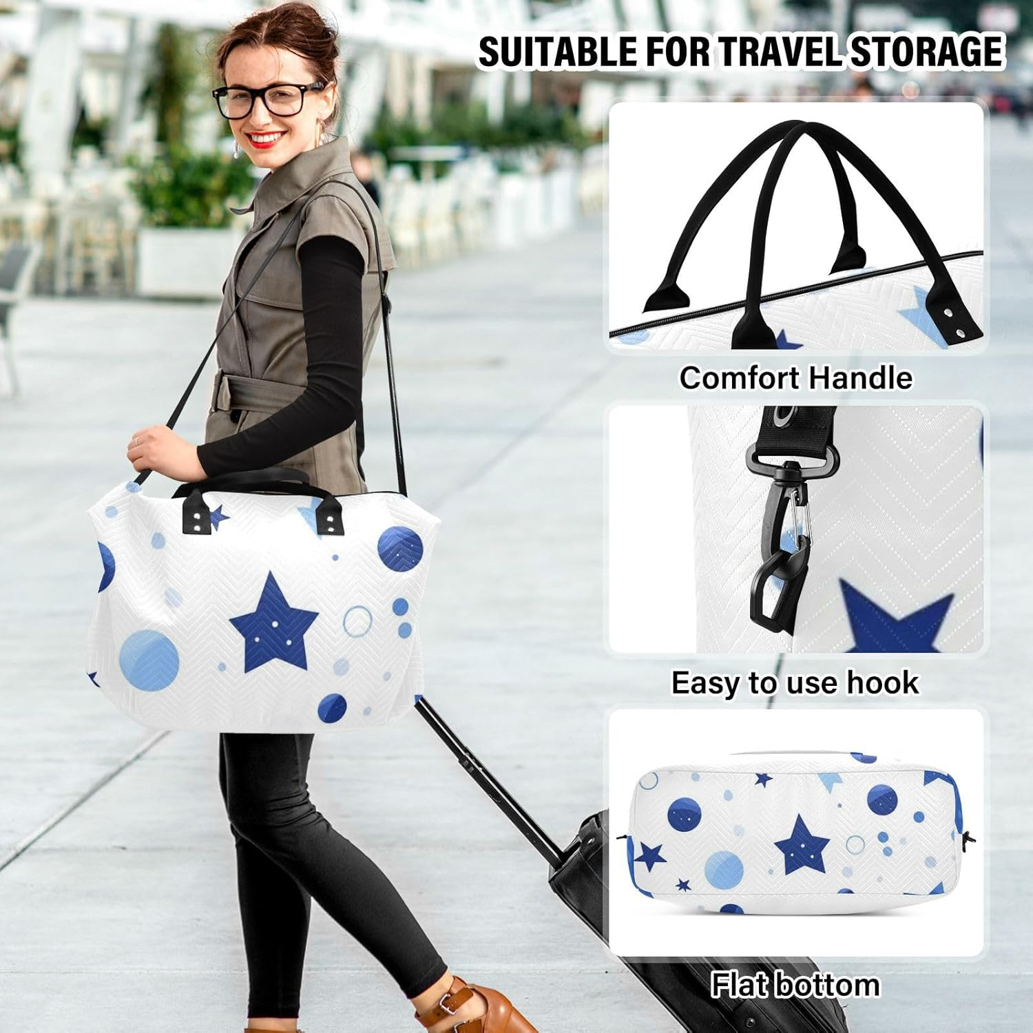 Blue Star Dots Travel Tote Bag Weekender Overnight Bag Workout Bag with Toiletry Bag for Hiking Waterproof, Blue Star Dots, 1 Size image number 4