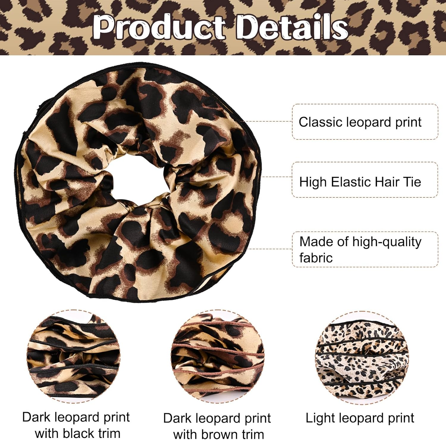 Mtuihfo 3 PCS Leopard Print Scrunchie, Oversized Scrunchies Satin Elastic Giant Hair Accessories Animal Print Gifts for Thick Curly Hair Women Girls Ponytail Holders Hair Ropes image number 1