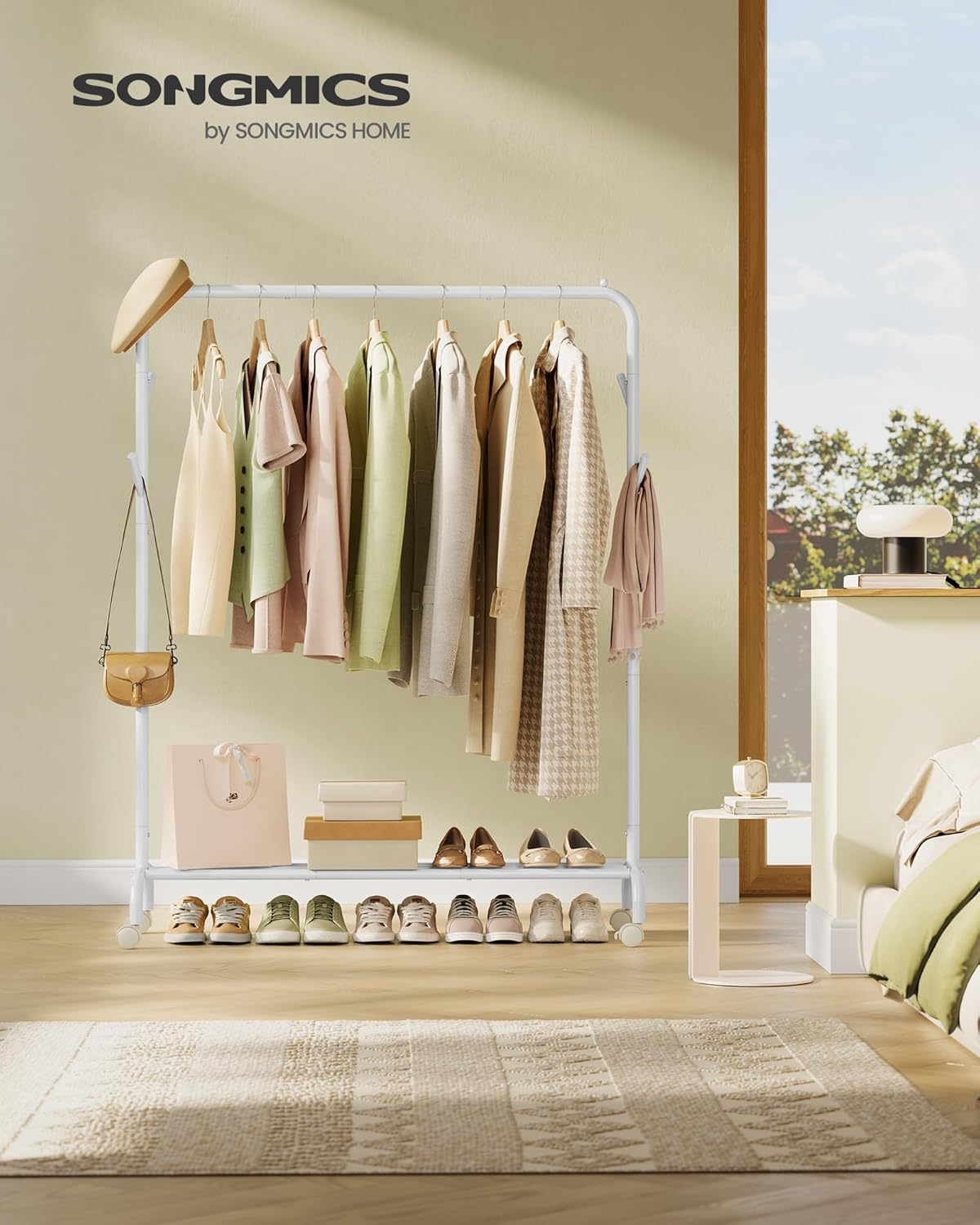 SONGMICS HSR131W01 Clothes Rack on Wheels, Clothes Rail, Coat Rack Made of Steel Tubes, Maximum Load 50 Kg, 103.5 Cm Wide, Multifunctional Storage, White - Ink Black image number 1