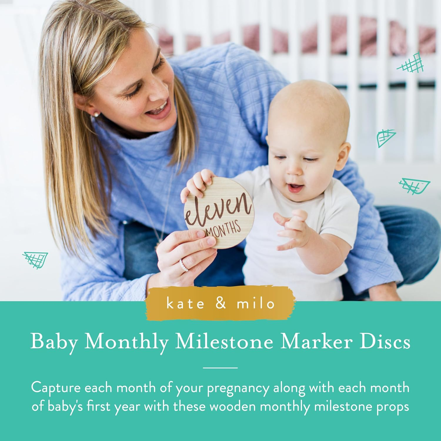 Kate & Milo Baby Monthly Milestone Marker Discs - Classic Cursive Script Wooden Discs with Reversible Photo Props for Baby Announcement and Milestones, Gender-Neutral Newborn Boy and Girl image number 4