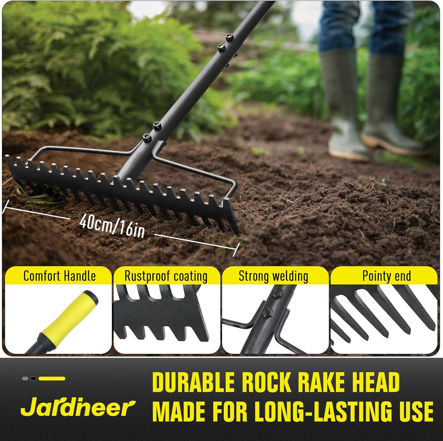 Jardineer Bow Rake Heavy Duty, Long Handle Metal Rakes for Gravel, Rocks, Lawns Leaves, Soil Leveling, Landscaping, Garden Rake with 18 Steel Tines (59 Inches) image number 5
