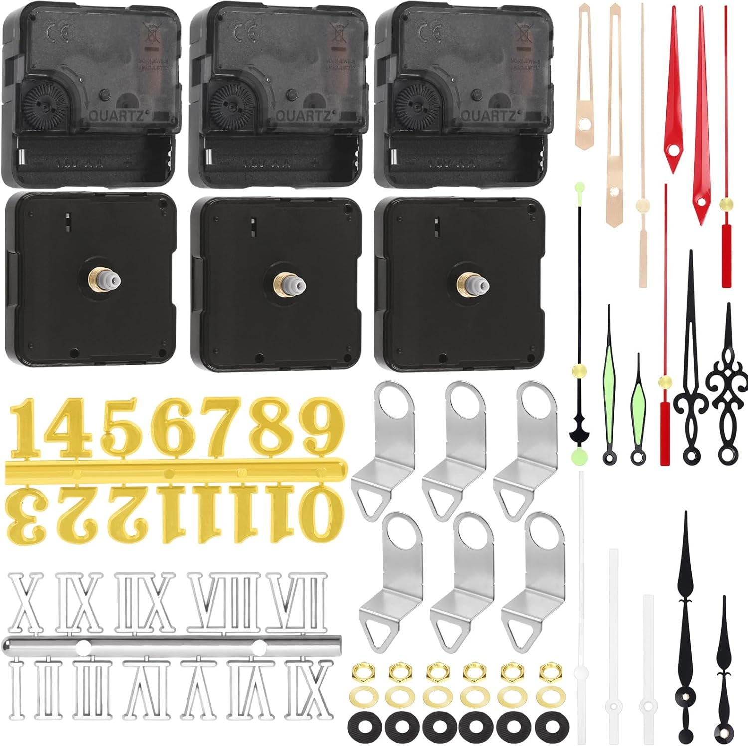 Swpeet 6 Pcs 13Mm / 0.51 Inches Long Shaft Clock Movement Mechanism Kit, 6 Clock Movement with 6 Hooks, 6 Different Pairs of Hands Clock, 6 Sets Mounting Hardware, 2 Set Clock Numerals for DIY Clock image number 6