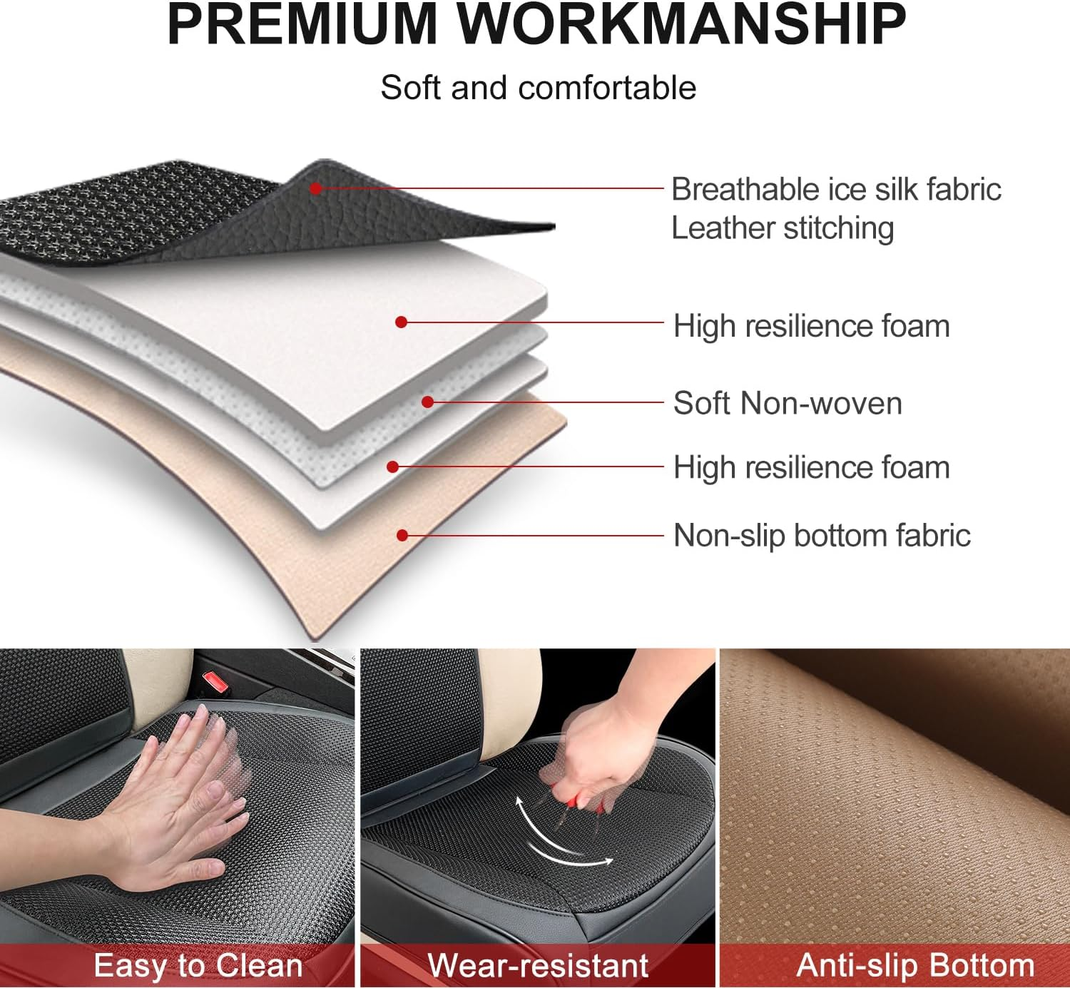 Qinlive Breathable Cool Ice Silk Cooling Seat Covers Fit Four Seasons, Universal Front of Car Seat Cushions Black image number 3