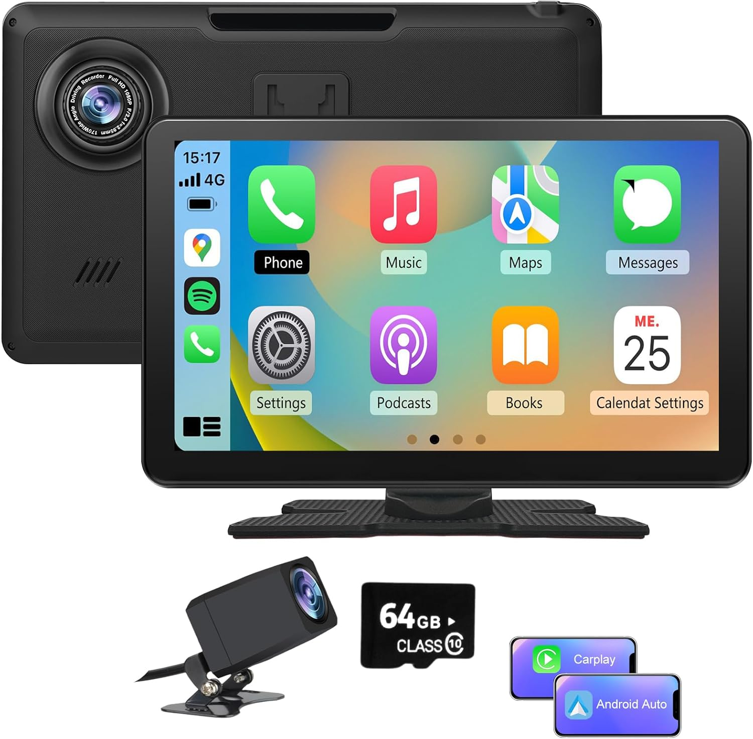 Car Stereo 9 Inch Portable Car Audio Carplay Android Auto Airplay Mirrorlink 4K Dash Cam + 1080P Rear Backup Camera + 64GB Micro SD Card Driving Recorder Parking Assistance image number 2