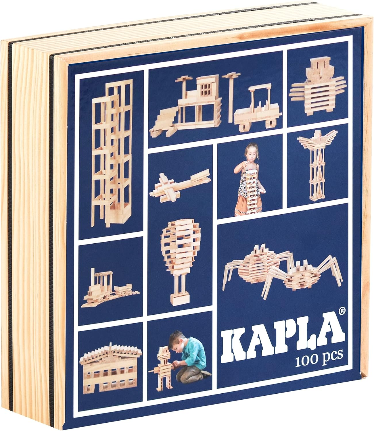 KAPLA 100 Blocks Natural Unfinished Wood Pine Planks with Storage Bin and Guide Book