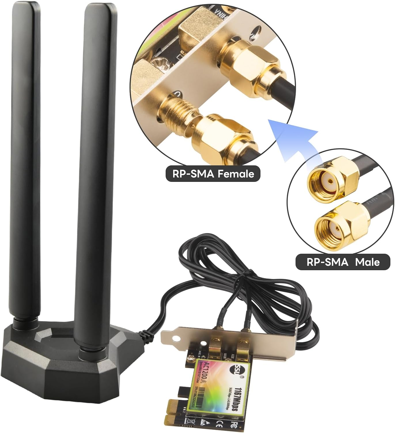 BOOBRIE Wifi 6E Tri-Band High-Gain Wifi Antenna Magnetic Base 2400-2500/5150-5850/5900-7125Mhz with Dula1.5M RP-SMA Male RG174 Cable for PCI-E Wireless Router Hotspot Network Range Extender Booster image number 2