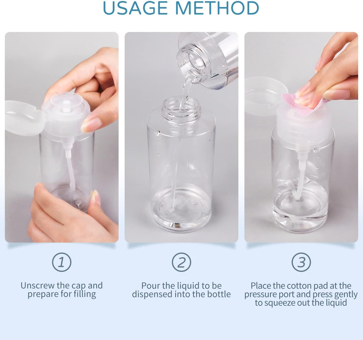 Pack of 2 Nail Polish Remover Pump Dispenser Empty Bottle 6.8 Oz/200 Ml, Refillable Acetone Dispenser Push down for Nail Polish and Makeup Remover, Cleansing Water, Alcohol, Toner, Etc image number 3