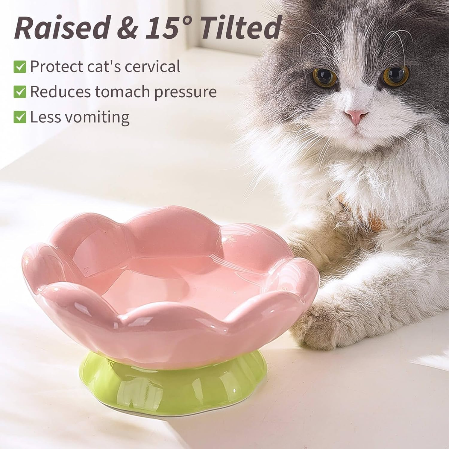 Eubootree Ceramic Raised Cat Bowl, Shallow Wide, Anti-Vomiting and Whisker Fatigue, Non-Slip, Tilted Cute Flower Cat Food and Water Bowls for Indoor Cats, Pink image number 3