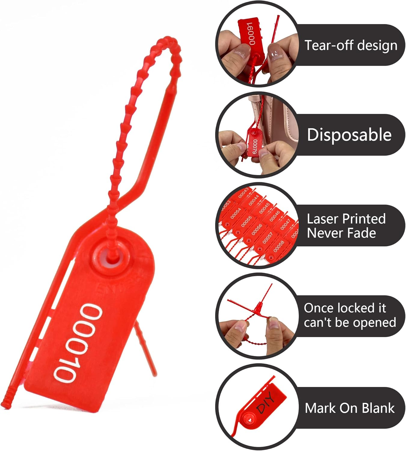 1000 Plastic Security Seals Secure Anti-Tamper Fire Extinguisher Tags Numbered Zip Ties Inspection Tags Breakable Label Tags Pull Tite Safey Tags for First Aid Kits, Clothes,Bags (Red) image number 3