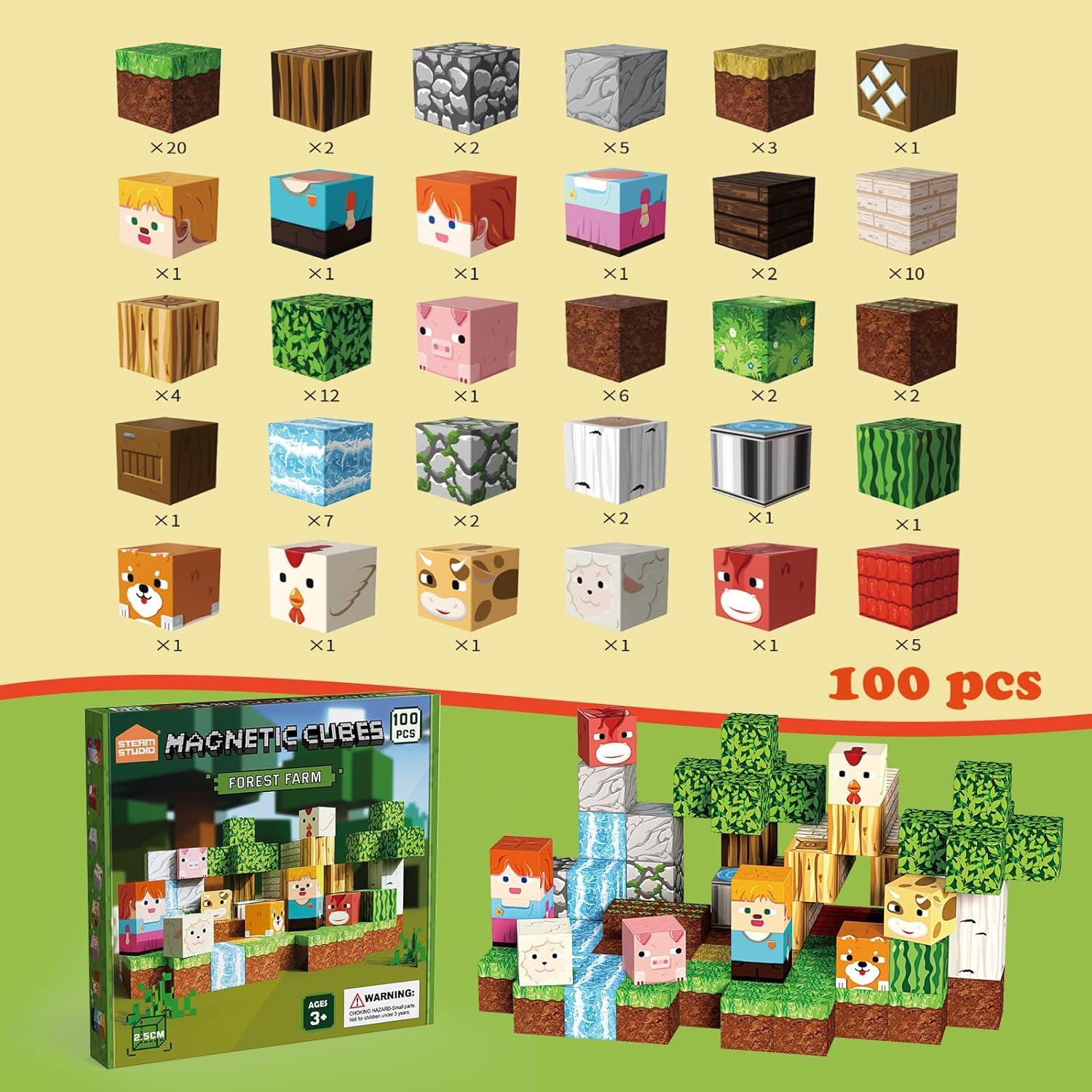 Magnetic Blocks 100 PCS Build Mine Forest Farm Set, Magnetic Tiles Building Blocks Toddler Toys STEM Sensory Outdoor Toys for 3+ Year Old Boys & Girls, Creative Kids Games Kids Toys image number 4