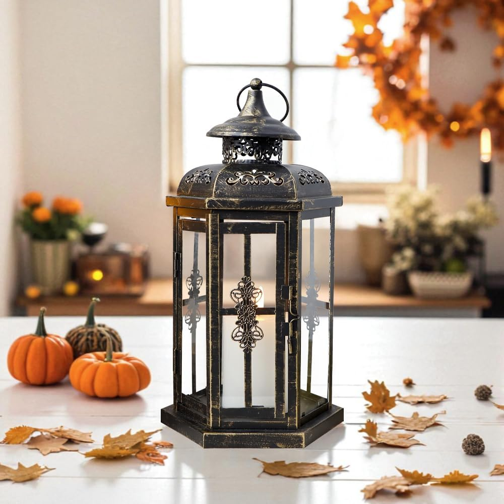 JHY DESIGN Medium Decorative Lanterns 12&ldquo;H Outdoor Candle Lanterns Vintage Metal Candle Holder for Indoor Outdoor, Events, Parities and Weddings(Black with Gold Brush) image number 5