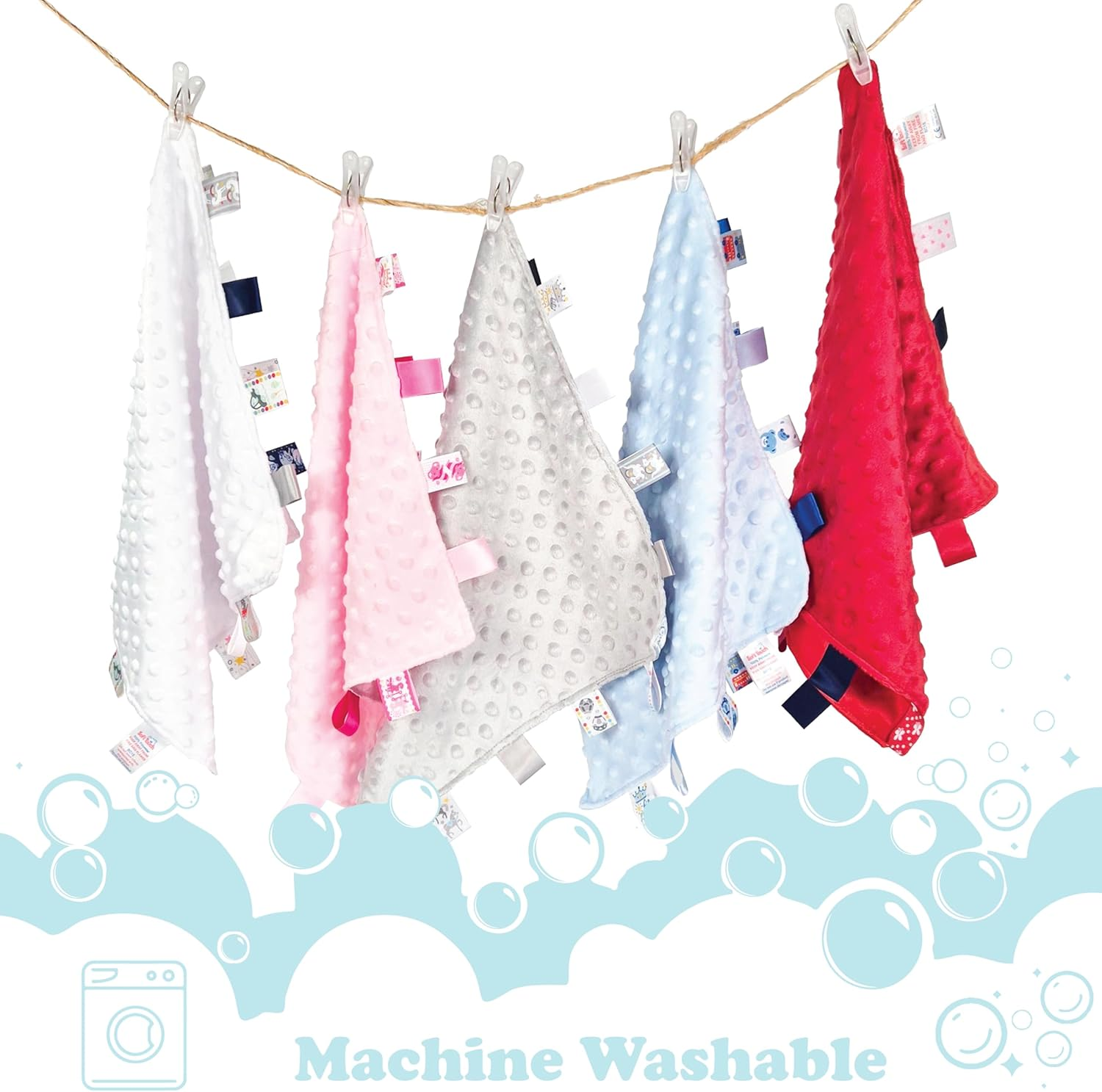 Soft Touch Taggie Dimple Comforter Baby Comfort Blanket with Sensory Tags and Bubble/Heart/Star/Foil Print Pattern (Dimple) (Pink, 35Cm X 35Cm) image number 5