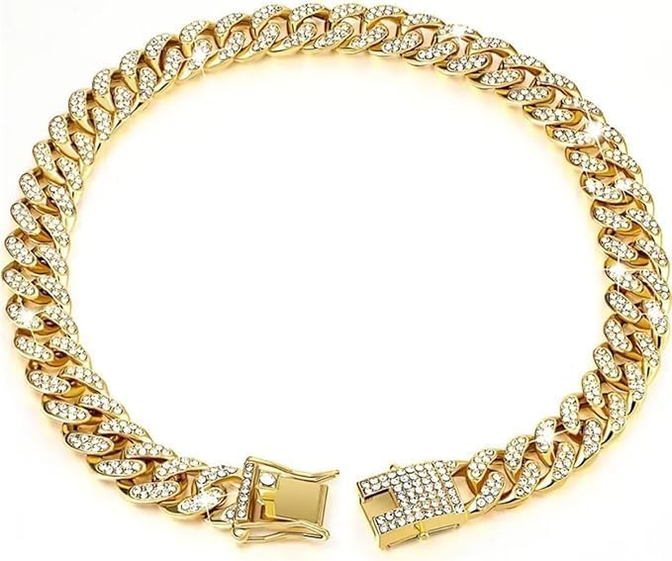 Diamond Cuban Link Dog Collar,15Mm Wide Metal Necklace with Crystal Accents,Adjustable Gold Chain Collar for Small, Medium, and Large Dogs and Cats(16 Inch)