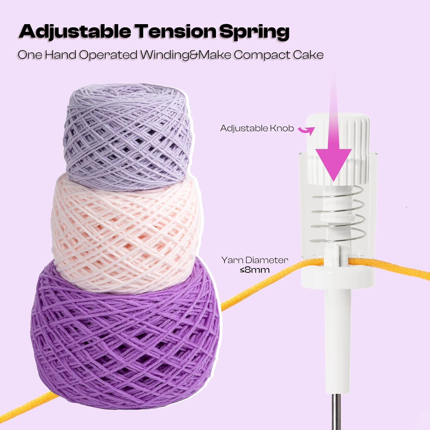 Caydo Yarn Winder with Tension Spring, One Hand Operated Winders, 4-7Oz Efficiently Compact Cake Roller for Crocheting, Portable Ball Spinner for Crocheters, Ideal Helper for Craft Lovers(Purple)
