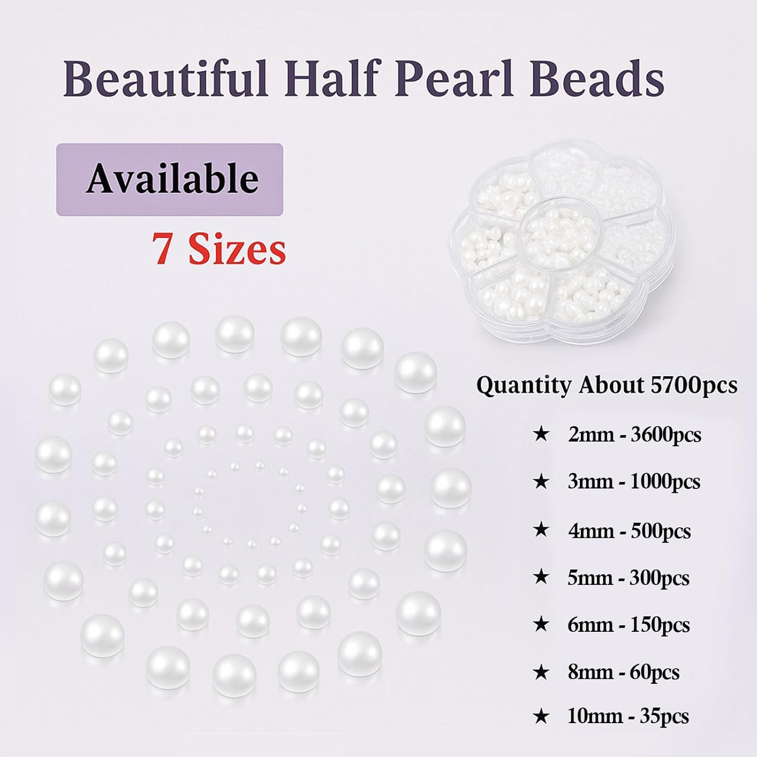5700 Pcs White Half Flatback Pearl Beads- Nail Gems, Charms for Crafts, Jewelry Making, Art, Accessories, Bedazzling DIY Projects by Ruibex - 7 Sizes (2/3/4/5/6/8/10Mm) image number 4