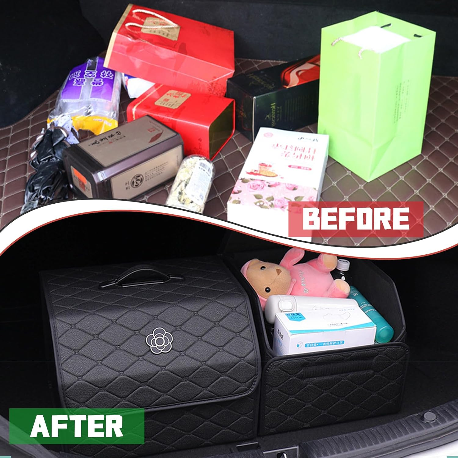 Car Trunk Organizer with Handle, Leather Multipurpose Car Cargo Boot Organiser, Collapsible Storage Box for Suvs & Sedans, Car Boot Tidy Organization for Car Accessories (Black-M) - Black-S image number 2