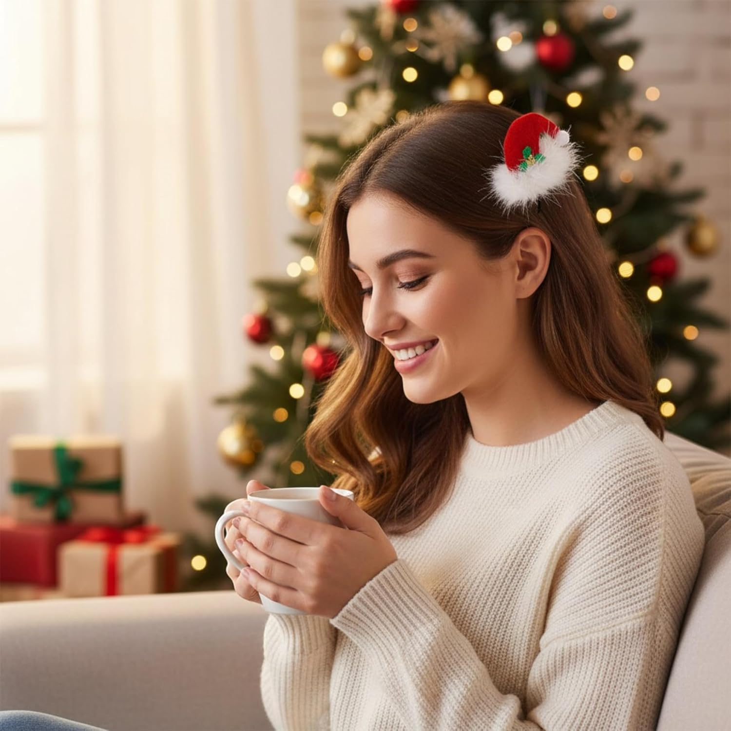 MIJOMA Set of 2 Christmas Hair Clips - Plush Christmas Hat Hair Clips with Mistletoe - Christmas Accessories for Women & Children - Red White Fluffy