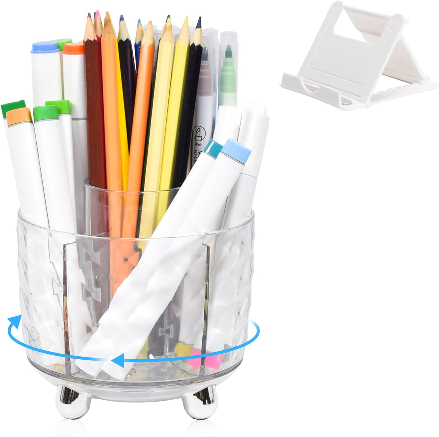 Marte Vanci Pen Pencil Holder, 360&deg; Rotating Makeup Organiser Brush Holder with Phone Stand, Pen Pot Brush Organiser 5 Slots Desk Storage Box Caddy for Dressing Table Office Stationery Clear Gold