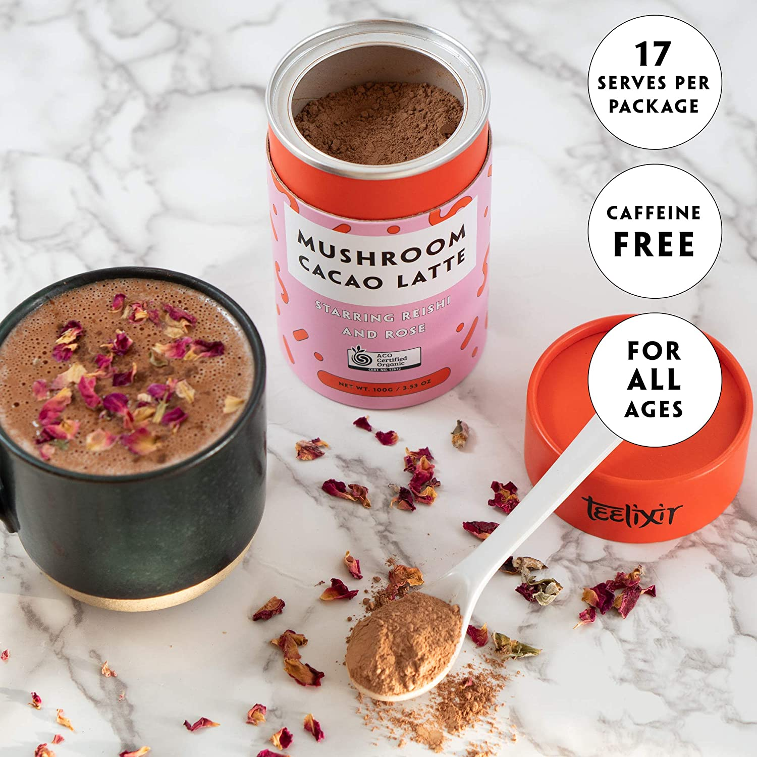 Teelixir Mushroom Raw Cacao Latte (100 G) Certified Organic Hot Chocolate Drink Mix with Reishi Superfood Extract Powder and Rose - Vegan, Paleo, Gluten Free, Unsweetened, Non GMO - Natural Stress and Sleep Support image number 1