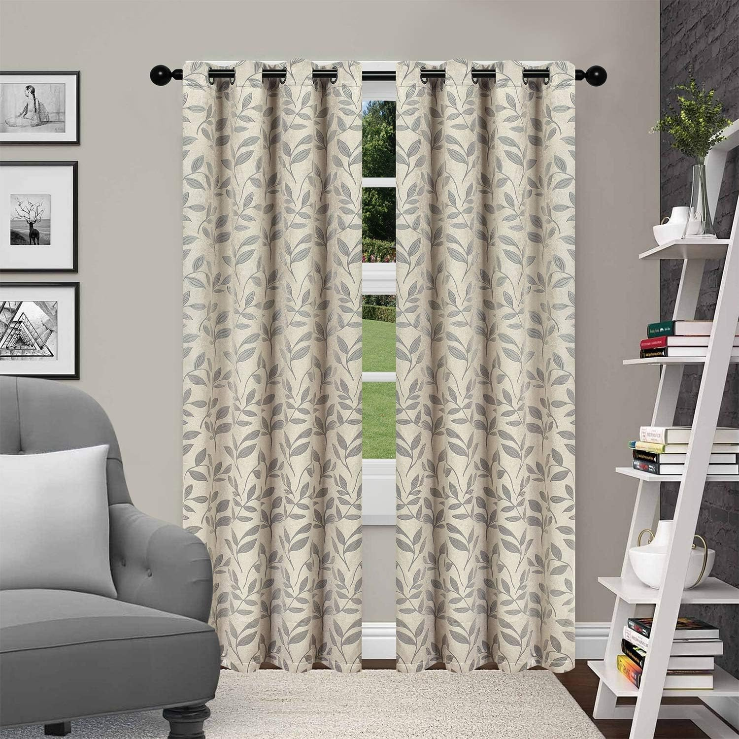 SUPERIOR Leaves Blackout Curtain Set of 2, Thermal Insulated Panel Pair with Grommet Top Header, Beautiful Leaf Jacquard Room Darkening Drapes, Available in 4 Lengths - Ivory, 52&rdquo;X108&rdquo; Each image number 1