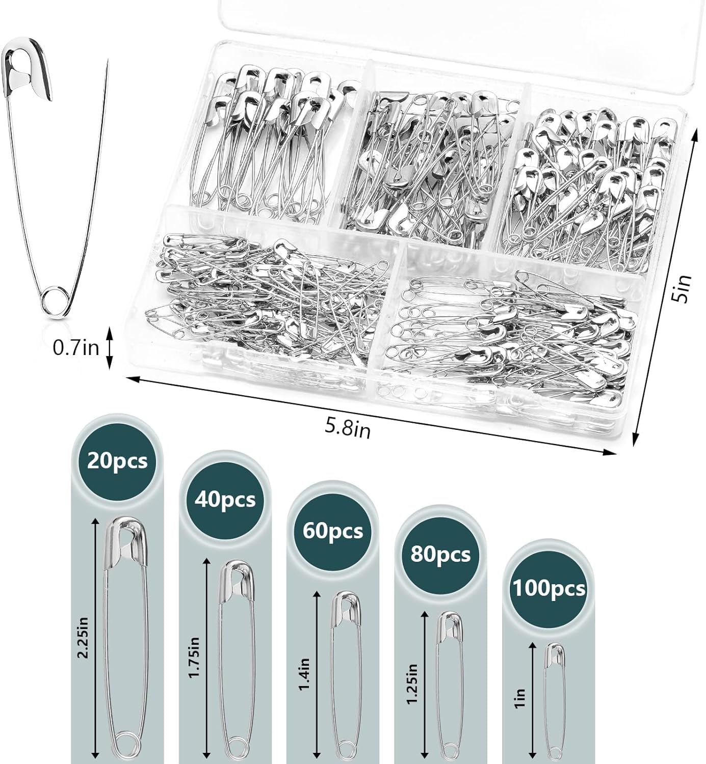 Safety Pins, Safety Pins Assorted, 300 Pack Strong and Heavy Duty Variety Pack for Clothes, Crafts, Pinning and Arts & Craft, Silver image number 1