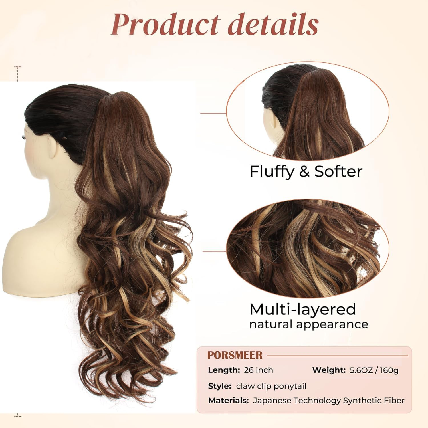 PORSMEER Ponytail Hairpiece with Clip, Claw Clip in Hair Extensions, 66 Cm Long Voluminous Wavy Ponytail Extension Hairpiece Braid Brown with Golden Highlights Colour for Women