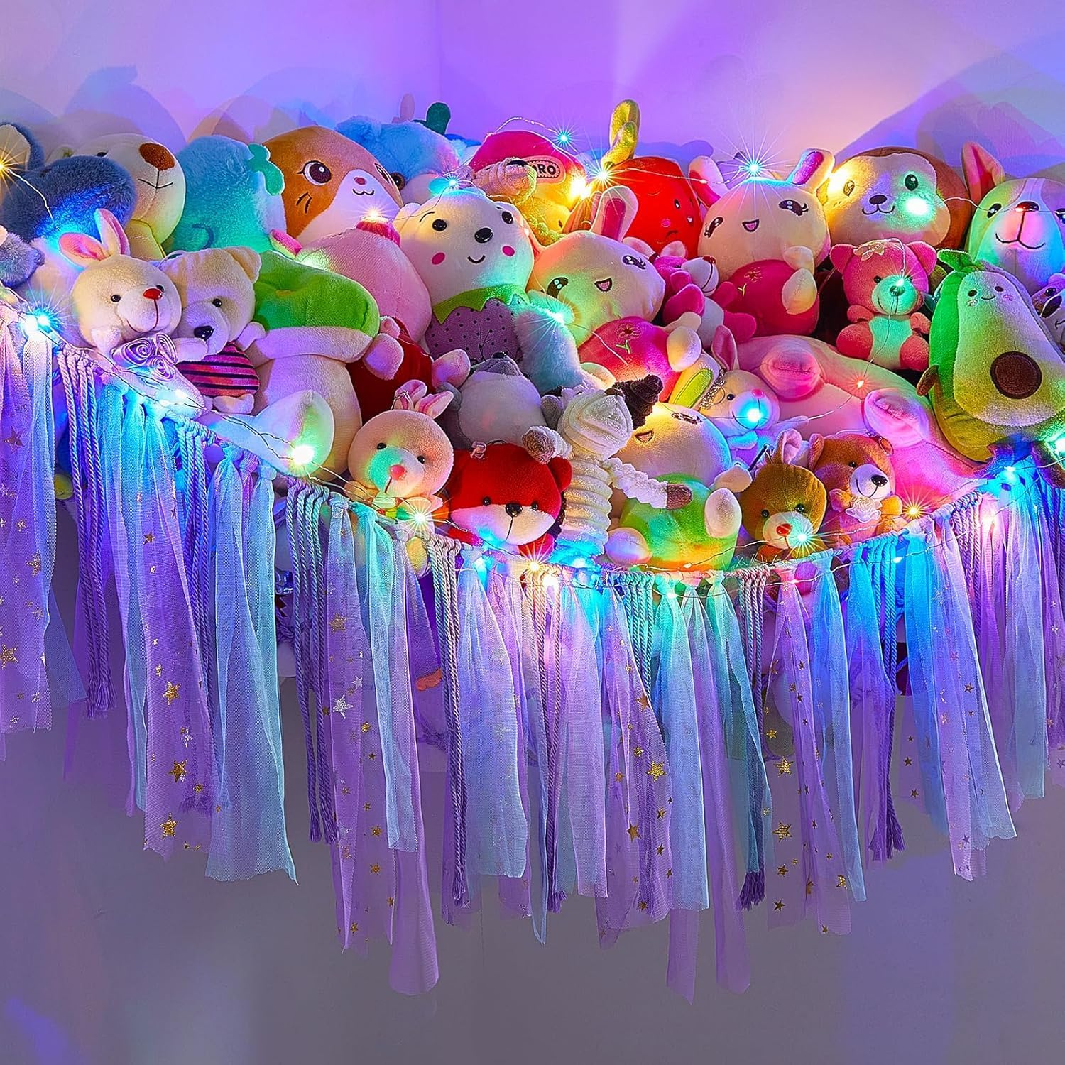 Stuffed Animals Toy Hammock Net, Kids Toy Storage with LED Light Hooks, Stuffed Animals Holder for Soft Bears Toys, Corner Hanging Toy Organizer Storage for Nursery Kids Bedroom Decor(Purple) image number 6