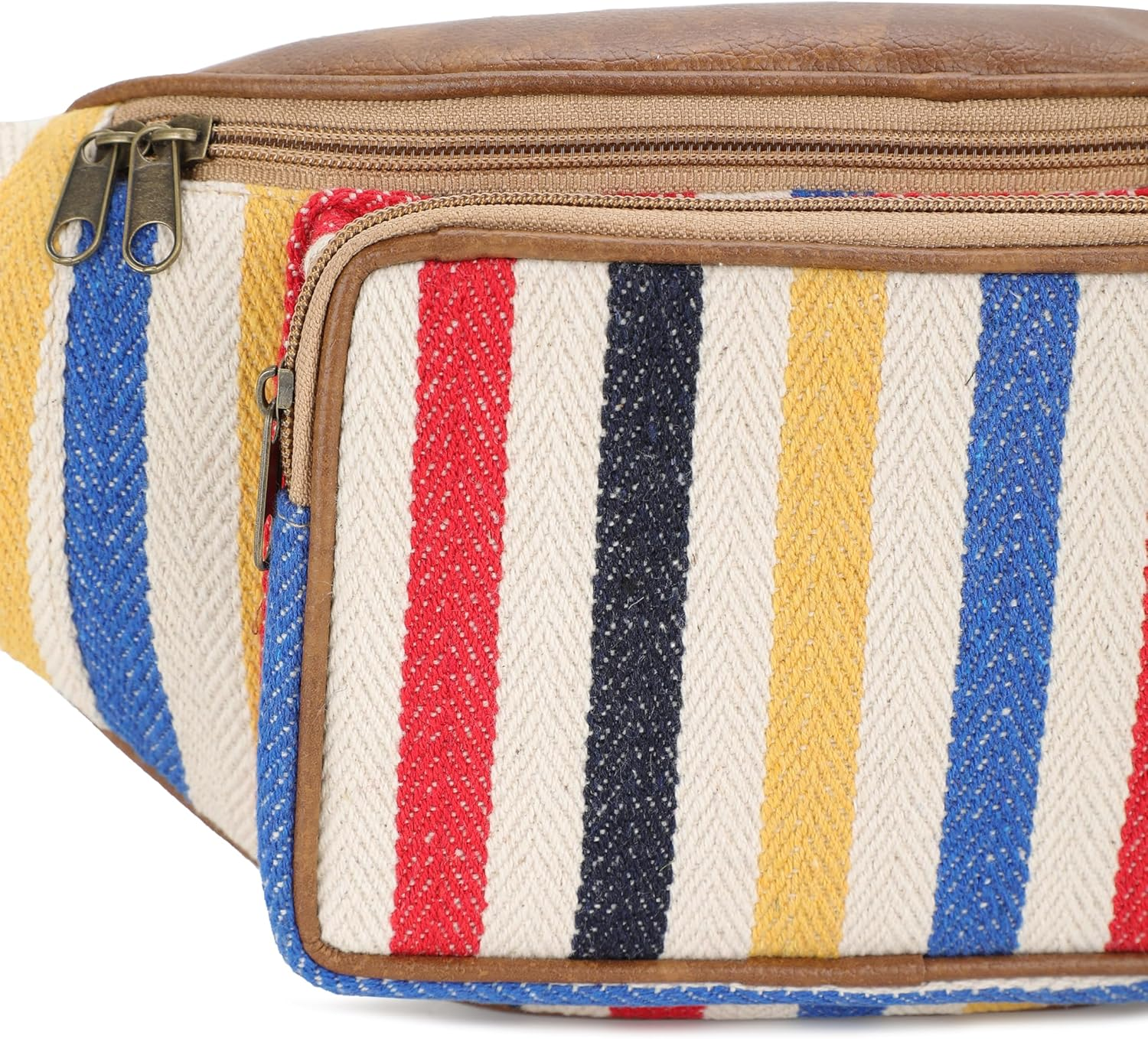 K London Fanny Pack|Multicolour Striped Canvas Waist Bag| PU Leather Adjustable Money Belt| Waist Bag for Men and Women | Unisex Money Belt (STRP_P) (11705_Multicolor), Cream Black, One Size, Fashion image number 1