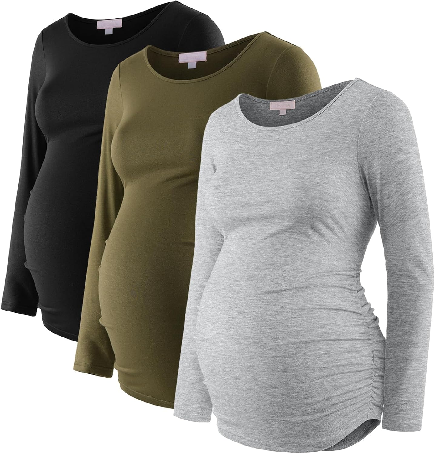 Women'S Maternity Shirts 3 Packs Long Sleeve Pregnancy Tops Basic Side Ruched Tunic Blouse image number 1