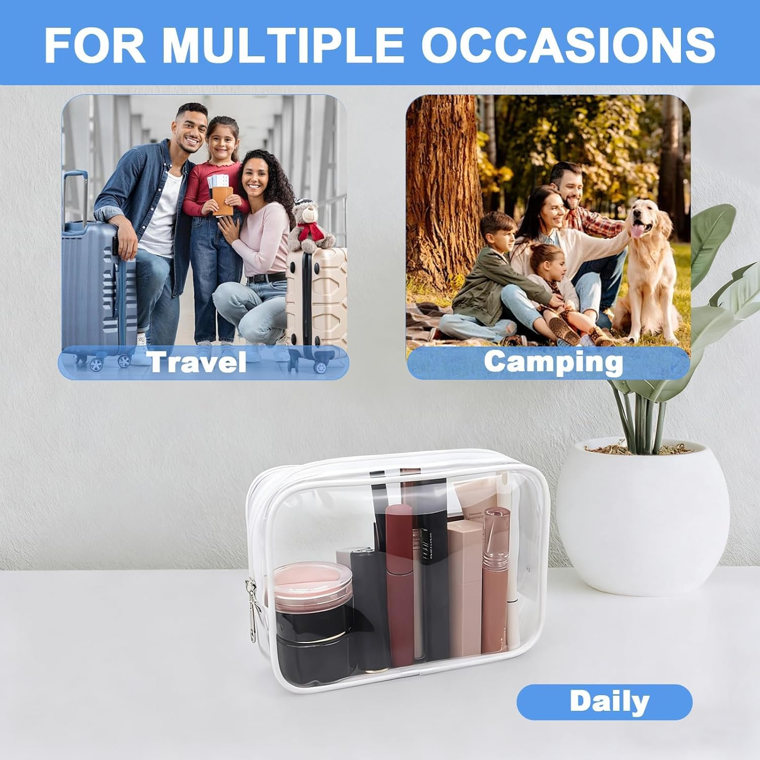 Clear Toiletry Bag, 3 Pack Large White Transparent Travel Toiletry Bags for Airport Security, Gym Organisation, Daily Cosmetic Storage