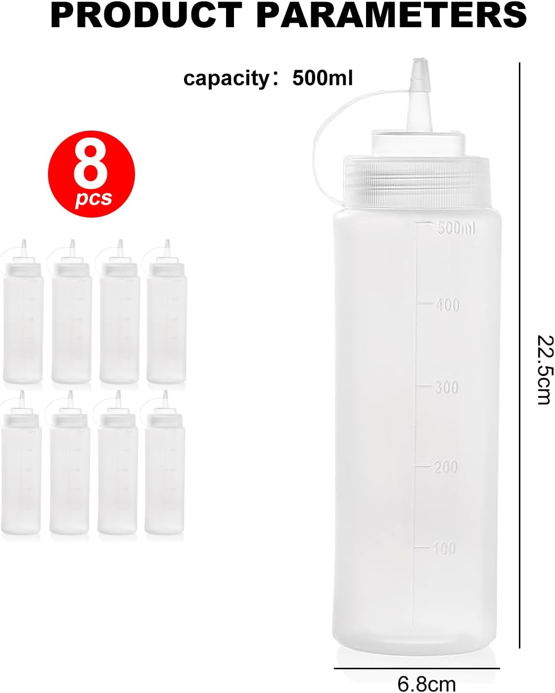 Condiment Squeeze Bottles, 16Oz/470Ml Durable Sauce Bottles with Twist on Caps and Measurement, Plastic Squeeze Squirt Bottle for BBQ, Ketchup, Grilling, Salad, Dressing(Pack of 8) image number 3