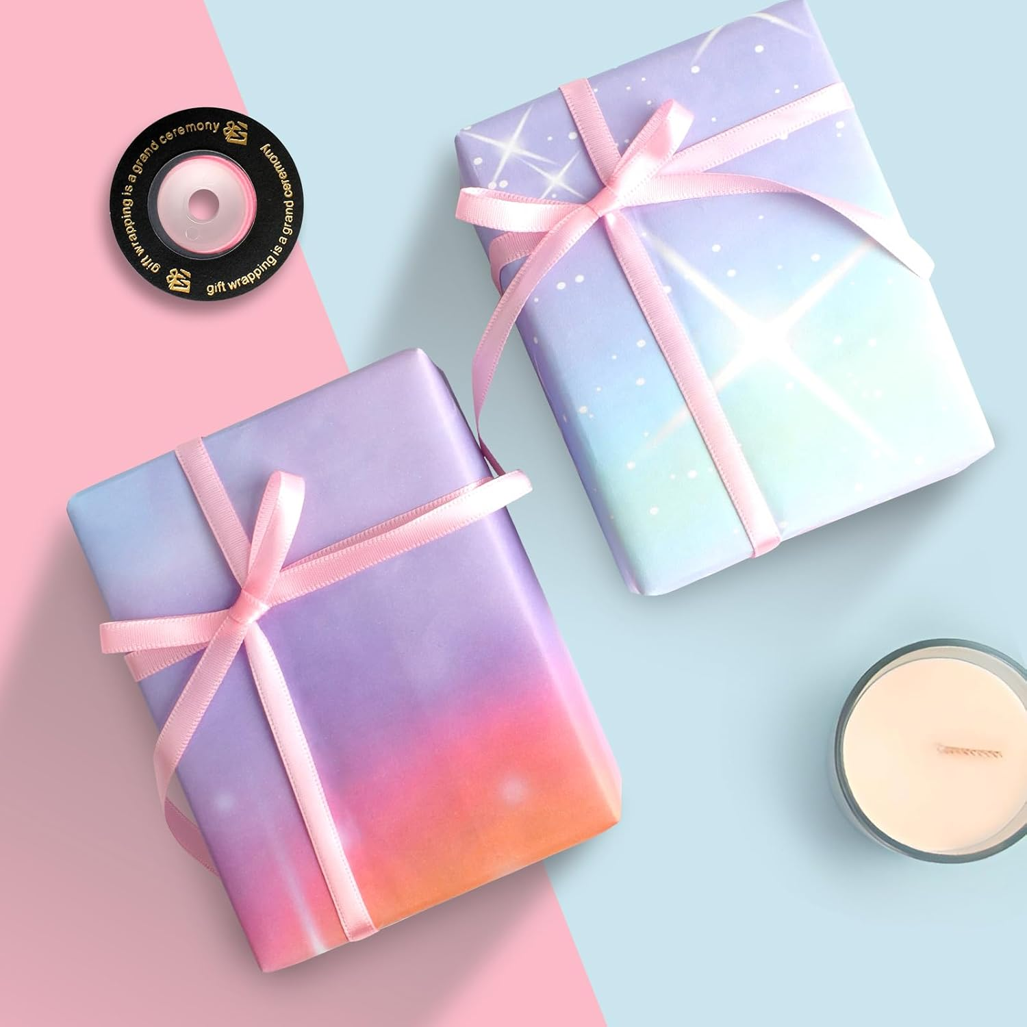 ZCOINS 4 Sheets Gift Wrapping Paper 70 X 50CM for Girls Women Birthday, Aurora Rainbow Purple Pink Gift Wrapping Paper with Ribbon for Mothers Day, Valentines Day, Wedding, Christmas - Cat image number 2