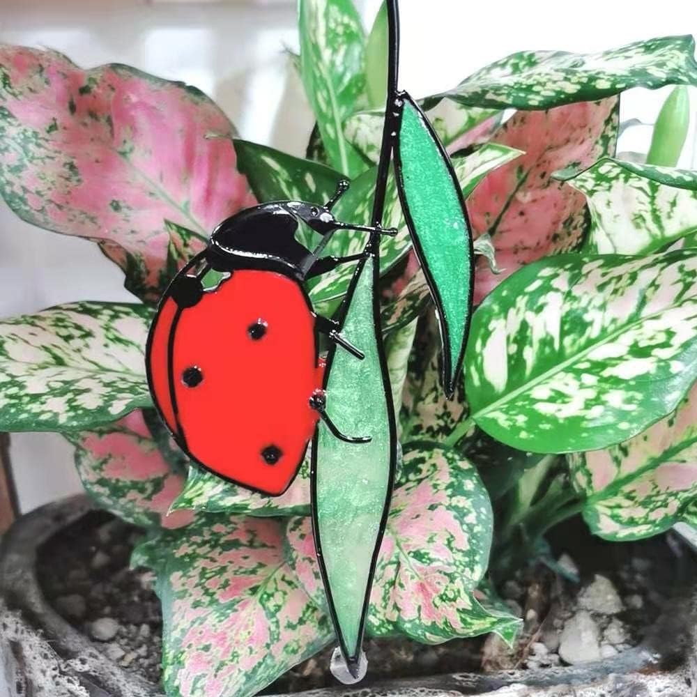 Ladybug on a Leaf Window Hangings Suncatcher Stained Glass Effect Ornament 22Cm Alloy Pendant Sun Catcher for Livingroom Bedroom Garden Fence Spring & Summer Decoration Hand Printed Gifts image number 1