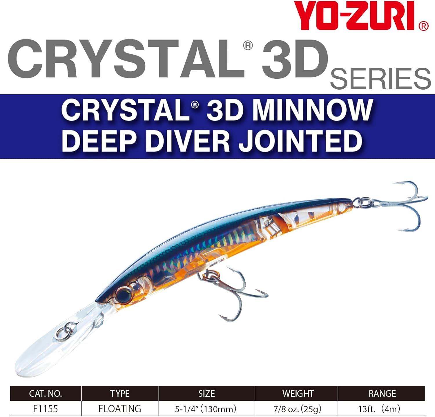 Yo-Zuri Crystal 3D Minnow Deep Diver Jointed Lure, Silver Black, 5-1/4-Inch image number 1