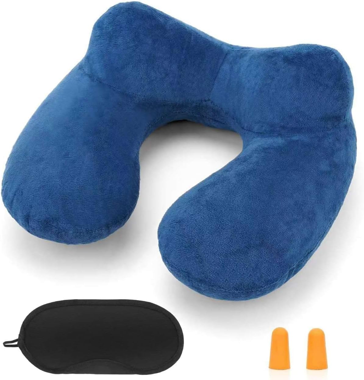 Travel Pillow, Inflatable Travel Pillow, Comfortable & Breathable Cover, Machine Washable, Airplane Travel Kit with 3D Contoured Eye Masks, Earplugs, and Luxury Bag (Black)
