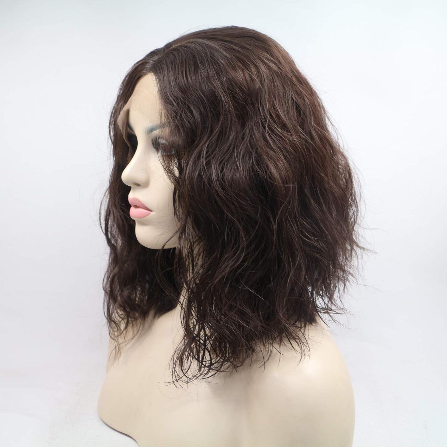 Xiweiya 16" Natural Brown Wavy Wig Synthetic Lace Front Wigs Middle Part Brunette Hair Short Soft Curly Wig Hair Replacement Wig for Women, Drag Queen Makeup - 1B Black image number 5