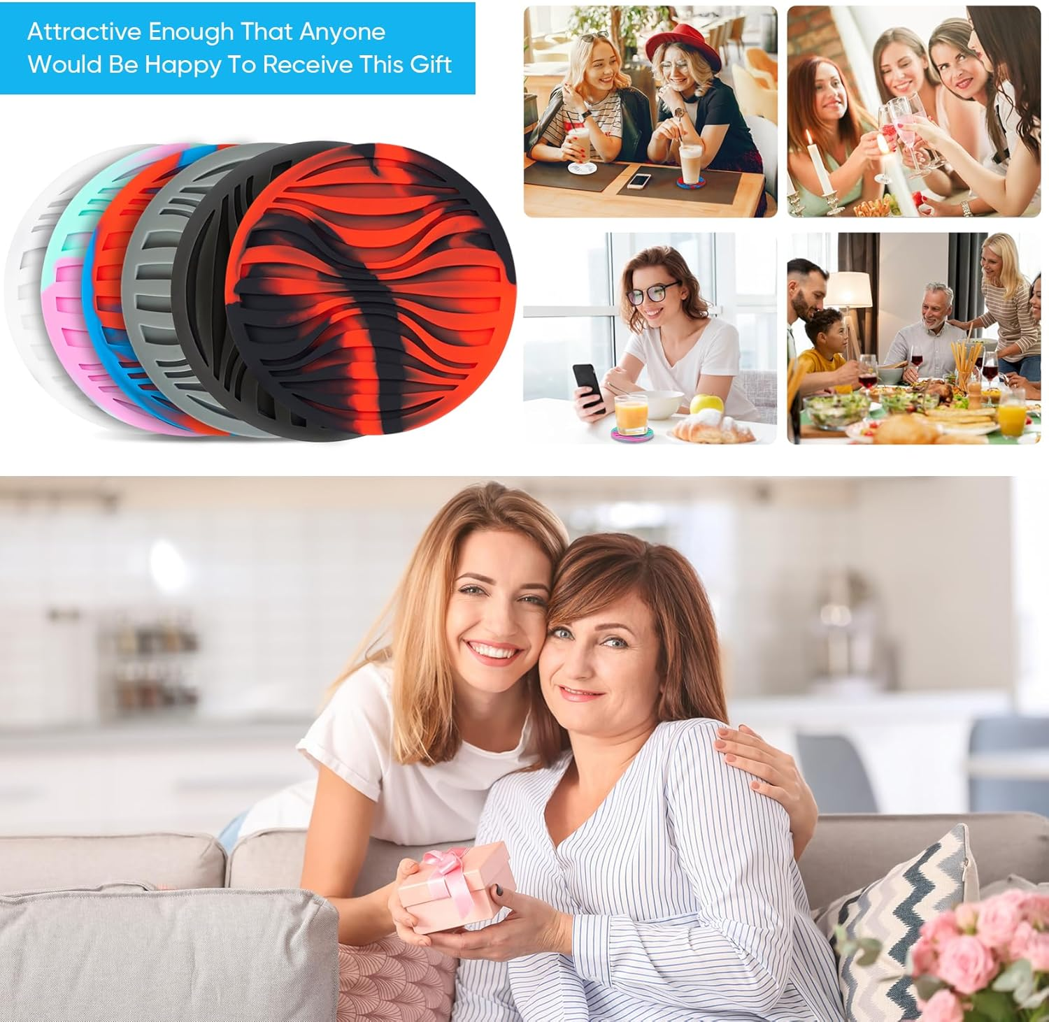 6 Pack Rubber Drink Coasters,Coasters for Drink with Holder,Silicone Cup Mat Non-Stick,Non-Slip,Thickened Live for Hot or Cold Drink-Pure Gray image number 2