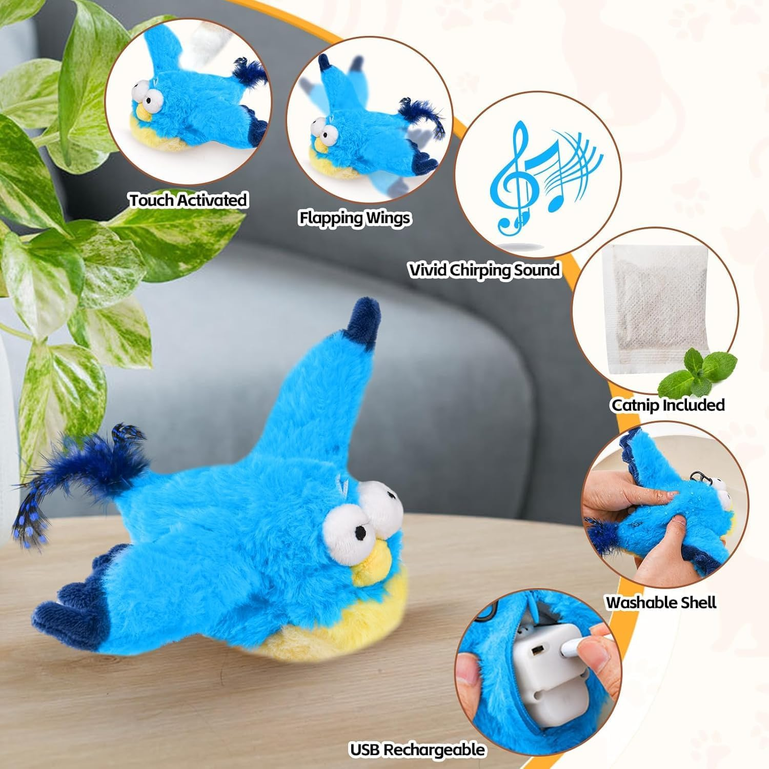 Flapping Wings Bird Catnip Toys, Vivid Chirping, Simulation Bird Interactive Cat Toy for Kitten Kitty Exercise, Fluffy Plush Toys, Touch Activated, USB-C Charging, Built-In 500Mh Battery (Bluebird)