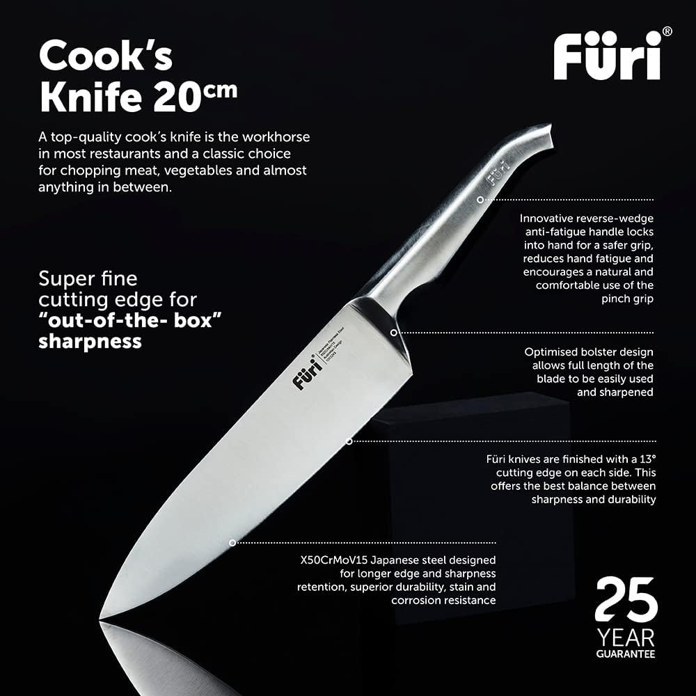 Furi Pro Cook'S Knife 20Cm (8In), Ultra-Sharp Knife for Superior Cutting Performance, Unique Reverse-Wedge Handle for a Safer Grip, Stainless Steel Blade, 25-Year Guarantee, Silver image number 3
