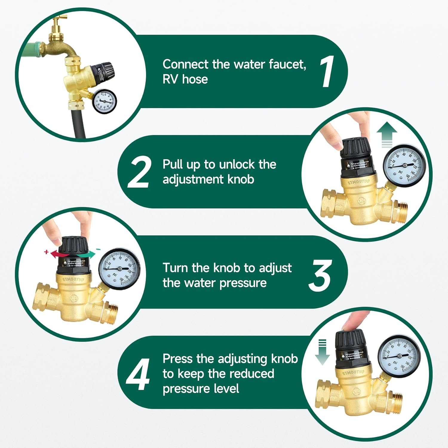 RV Water Pressure Regulator for RV Camper. Brass Lead-Free Adjustable Camper Water Pressure Regulator with 0-160 PSI Gauge ，Reducer Valve W Filter，Package Includes 1 Raw Tape for Water Pipes. image number 6