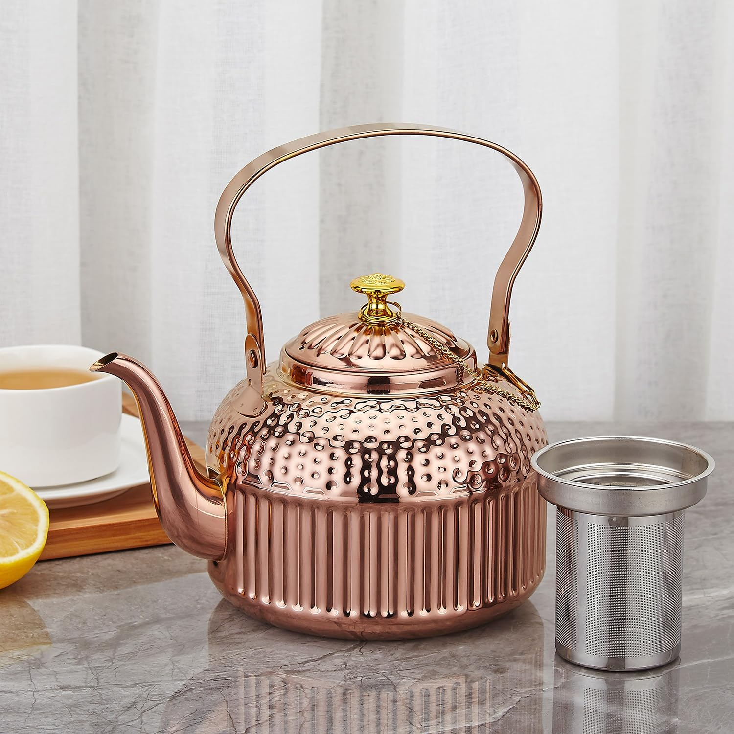 SANQIAHOME Copper Teapot with Infuser 1.5 Litres, Stainless Steel Water Boilers Loose Leaf Tea Maker Water Kettle for Stovetop Induction/Gas