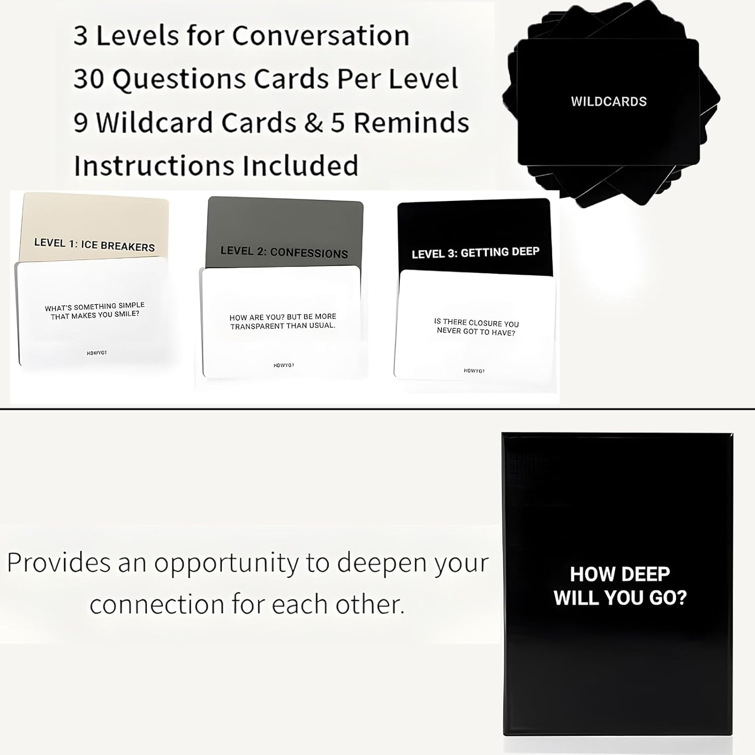 How Deep Will You Go? 99 Icebreaker Conversation Cards, Fun Game to Deepen Connections for Family Gatherings Friend Meetups Parties Road Trips Dates Game Nights image number 1