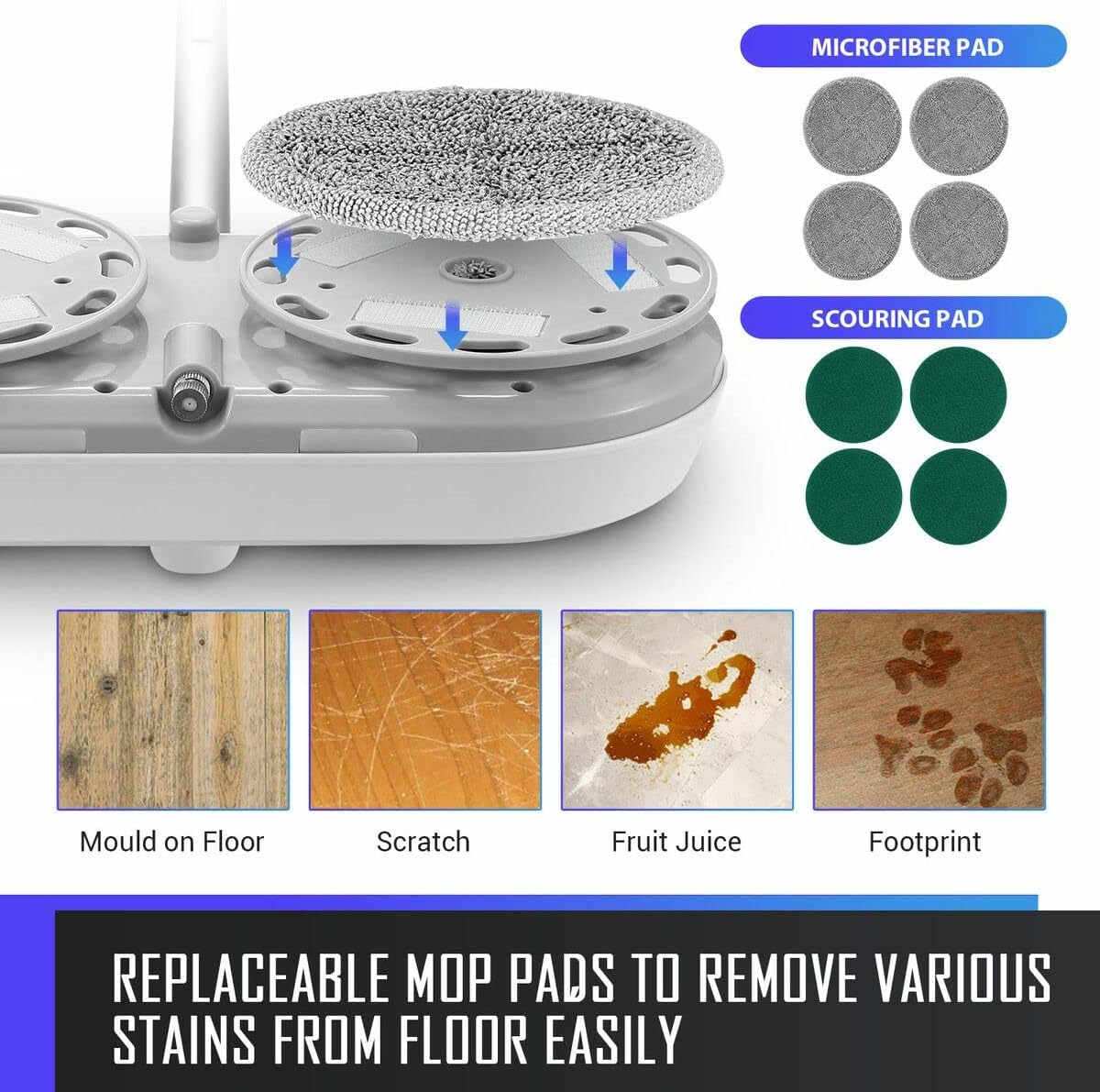 AUSWAY Mop Replacement Pads Scouring Green Scourer Microfiber Replaceable for Cordless Electric Spin Floor Cleaner Polisher Washer Sweeper image number 5