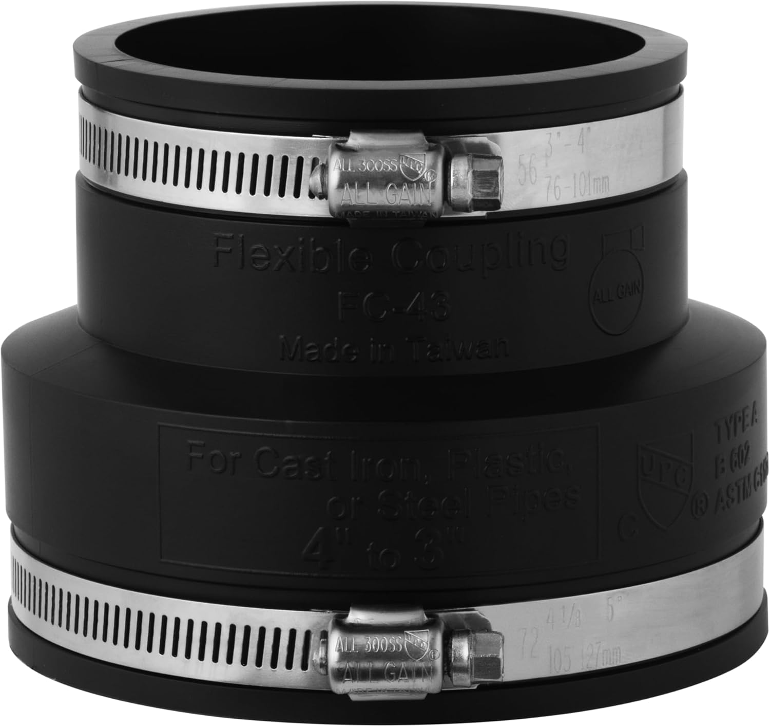 Aquaforte PVC Elastomer, Flexible Reducing Sleeve, Diameter 4 Inches X 2 Inches / 110 X 63 Mm, Extremely Flexible!