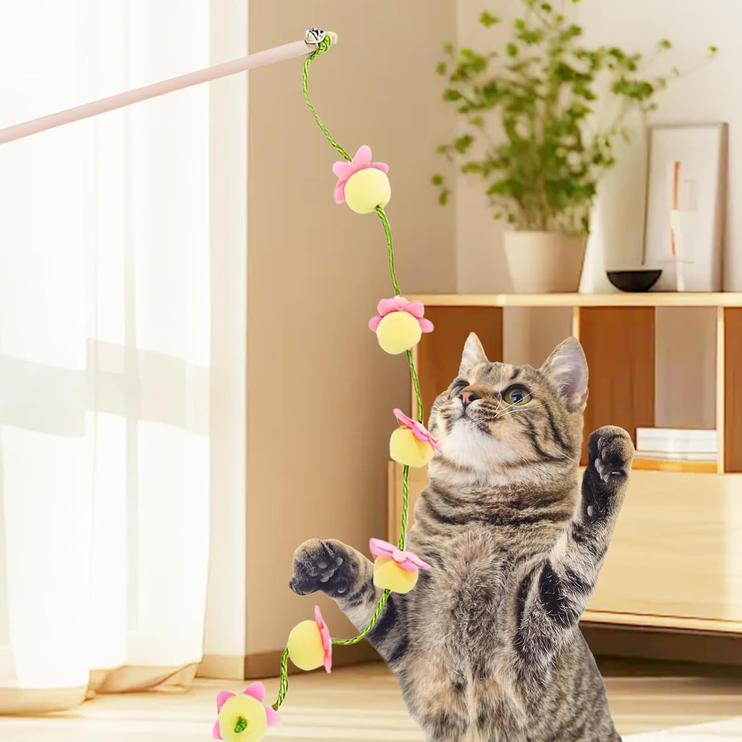 Rronnoy Cat Wand Toy - Fruit Design String with Non-Slip Handle | Cat Pole Toy | for Kitten Indoor Play Boredom Bird Fish Mouse - Yellow image number 3