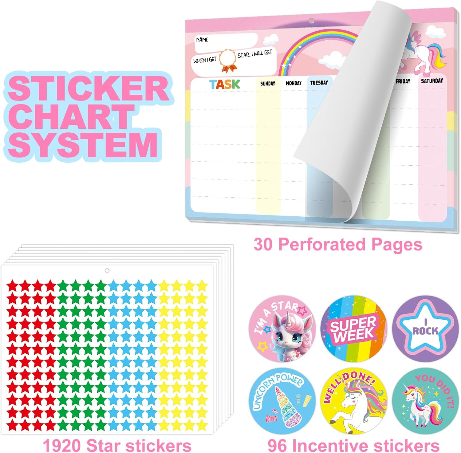 Behavior Reward Chart System for Kids Girls Toddlers - Pad with 30 Chore Charts, 1920 Star Stickers, 96 Incentive Stickers to Motivate Responsibility and Good Habits (Unicorn) image number 4