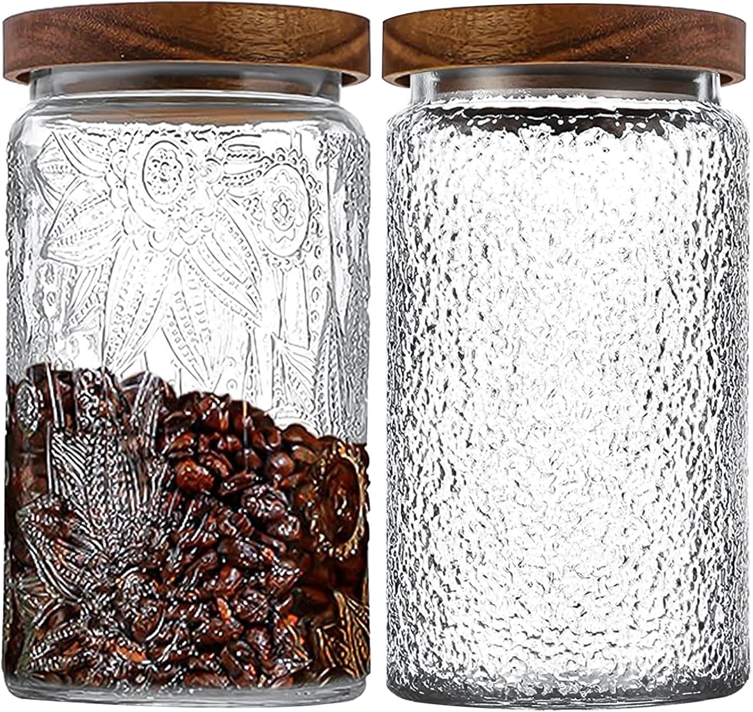 Vintage Glass Jar，34Oz/2Pcs Glass Storage Jar with Airtight Bamboo Wooden Lids，Glass Food Storage Containers for Kitchen Counter Pantry Coffee Beans Tea Oats Candy Jar (Stone Pattern+Flower)